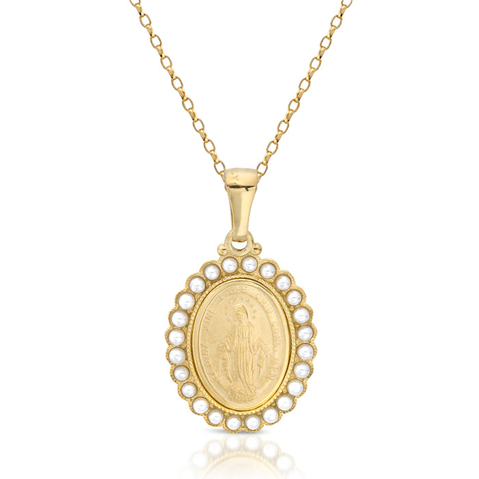 9ct Yellow Gold Miraculous Medal Studded with Pearls
