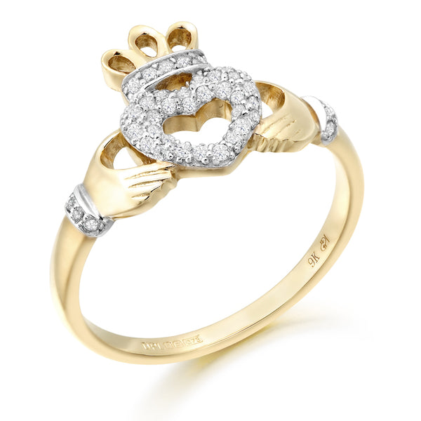 9ct Gold CZ Claddagh Ring with Micro Pave stone setting