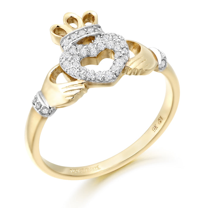 9ct Gold CZ Claddagh Ring with Micro Pave stone setting
