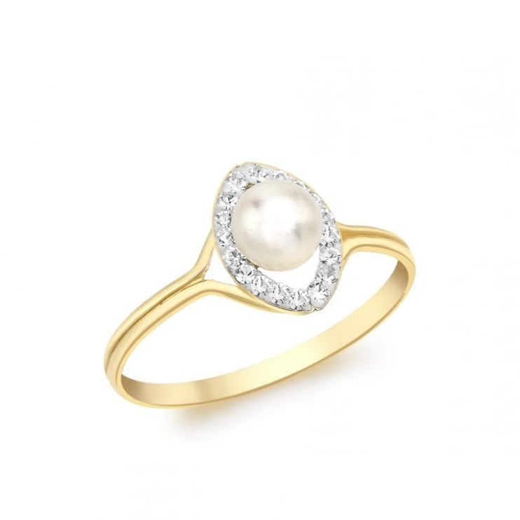 9CT YELLOW GOLD CZ PEARL ELLIPTIC RING