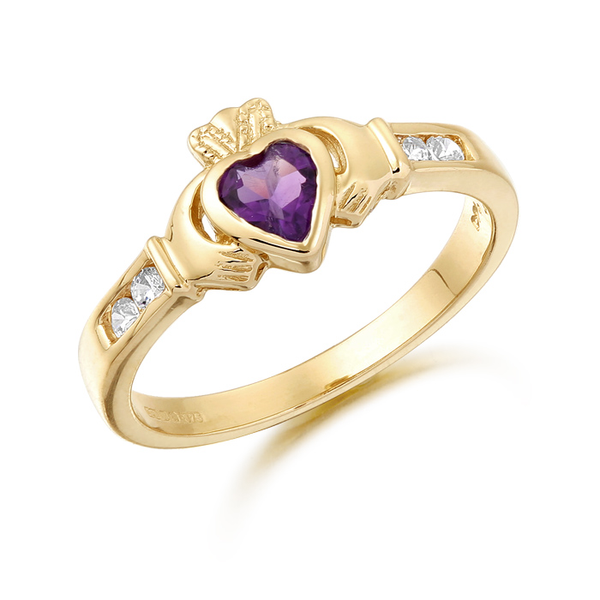 9ct Gold CZ Amethyst Claddagh Ring with Channel set stone shoulders