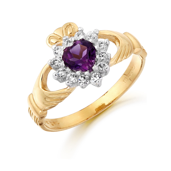 9ct Gold CZ Amethyst Claddagh Ring with classic claw stone setting