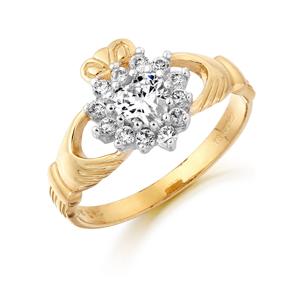 9ct Gold CZ Claddagh Ring with classic claw stone setting