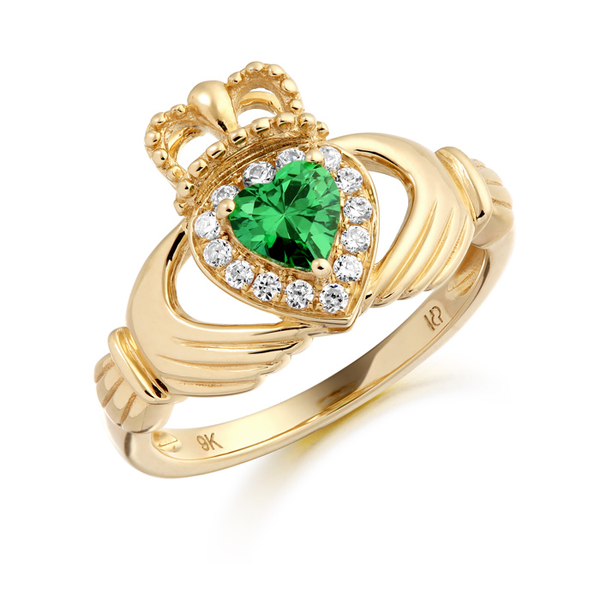 9ct Gold CZ Emerald Claddagh Ring with MicroPave Stone setting