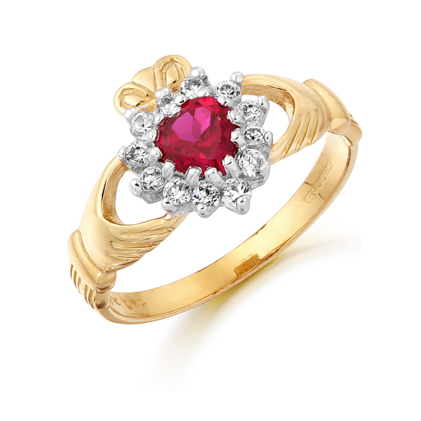 9ct Gold CZ Ruby Claddagh Ring with classic claw stone setting