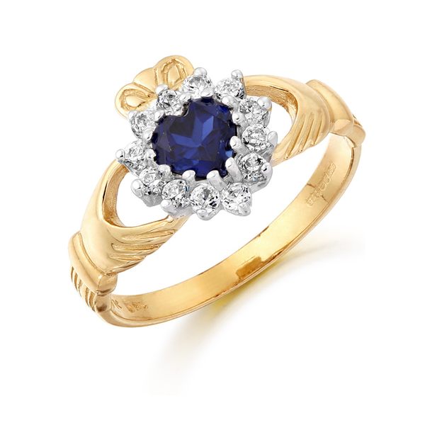 9ct Gold CZ Sapphire Claddagh Ring with classic claw stone setting