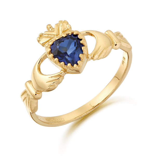 9ct Gold CZ Sapphire ladies Claddagh Ring
