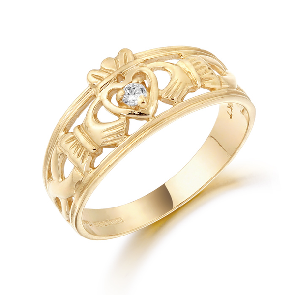 9ct Gold Ladies Claddagh Ring with Celtic Knot Shoulders