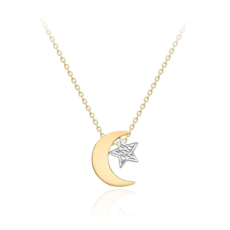 9 carat two tone yellow white gold silver moon star pendant necklace