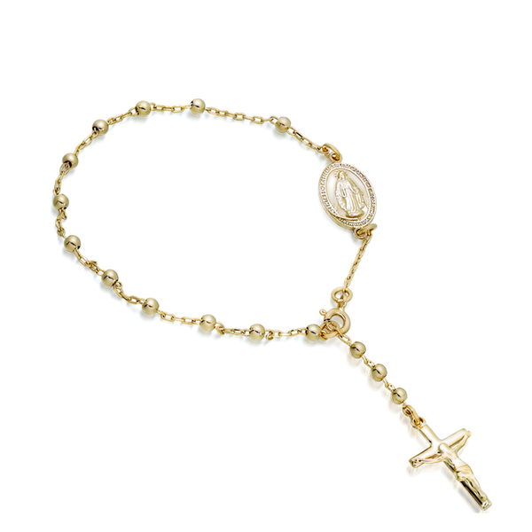 9 carat yellow gold rosary cross beaded chain bracelet