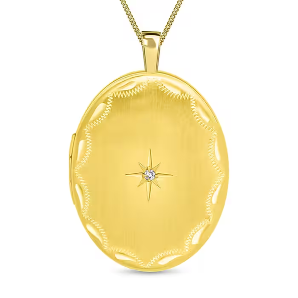 9ct Yellow Gold 0.01ct Diamond Set 20mm x 32mm Etched Oval Locket