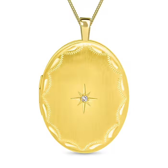 9ct Yellow Gold 0.01ct Diamond Set 20mm x 32mm Etched Oval Locket