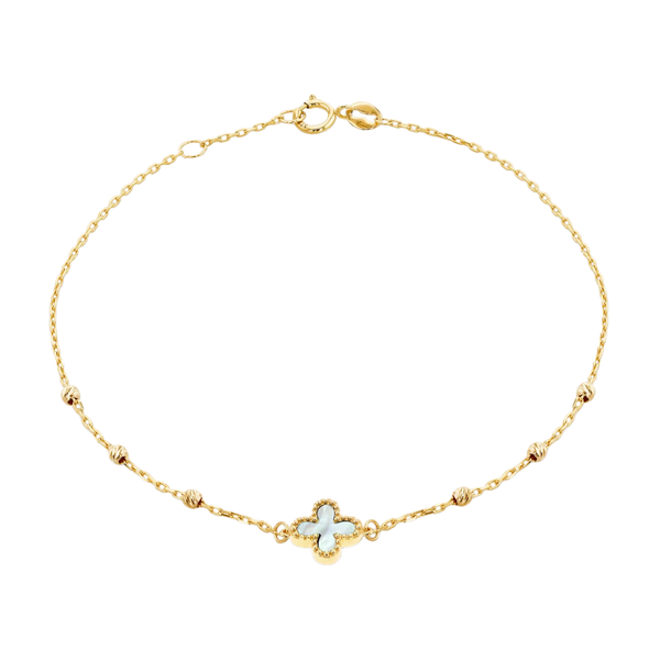 9ct Yellow Gold 8.5mm Mother of Pearl Clover DC Ball Bracelet 18cm/7"- 19cm/7.5"