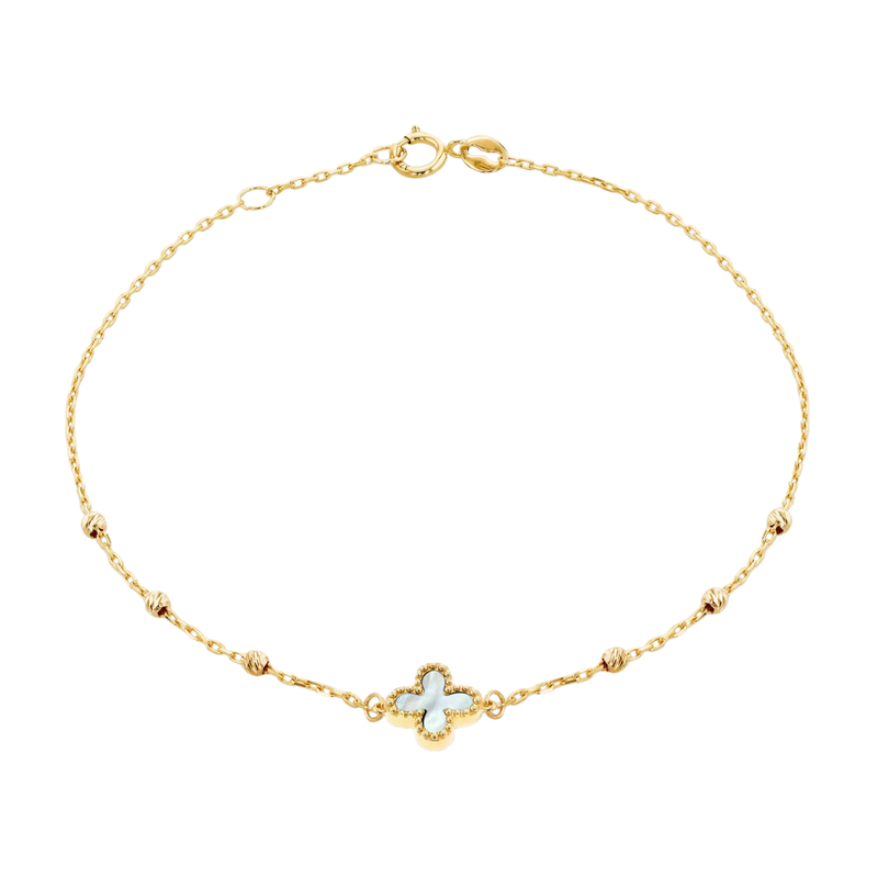 9ct Yellow Gold 8.5mm Mother of Pearl Clover DC Ball Bracelet 18cm/7"- 19cm/7.5"