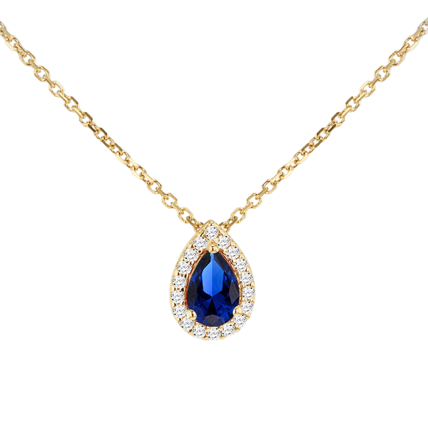 9ct Yellow Gold Blue Pear Shape CZ Halo Necklace
