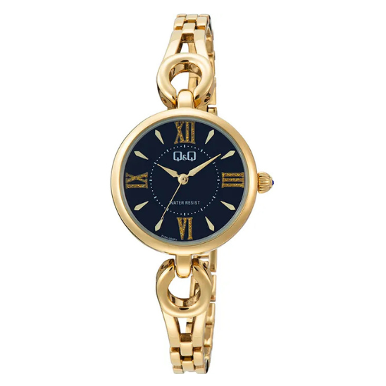 This Q&Q watch has a gold strap and round black dial.&nbsp;