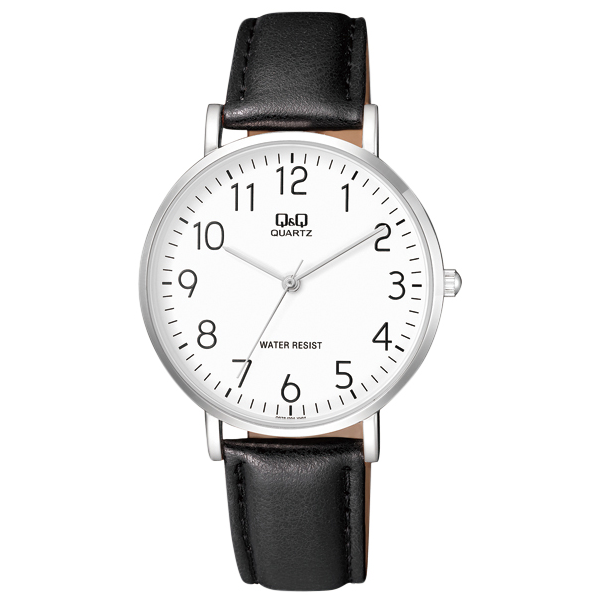 GENTS WHITE FACE, BLACK DIAL, CHROME CASE, BLACK STRAP WATCH