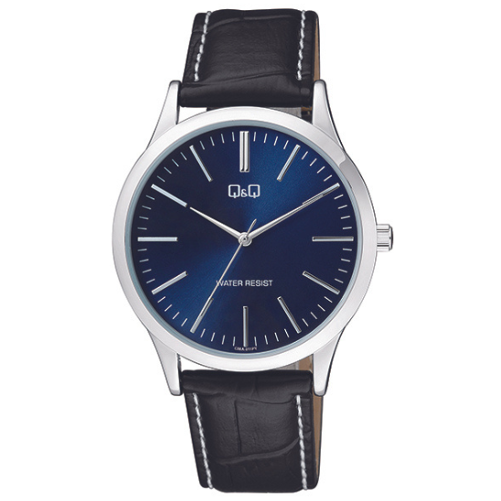 GENTS BLUE FACE, CHROME, BLACK STRAP WATCH