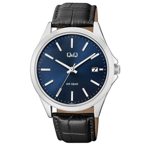 GENTS BLUE FACE, CHROME, BLACK STRAP WATCH