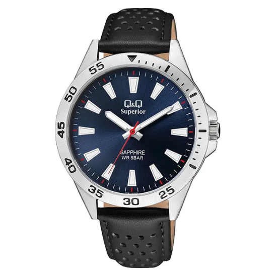 GENTS BLUE FACE, CHROME, BLACK STRAP WATCH
