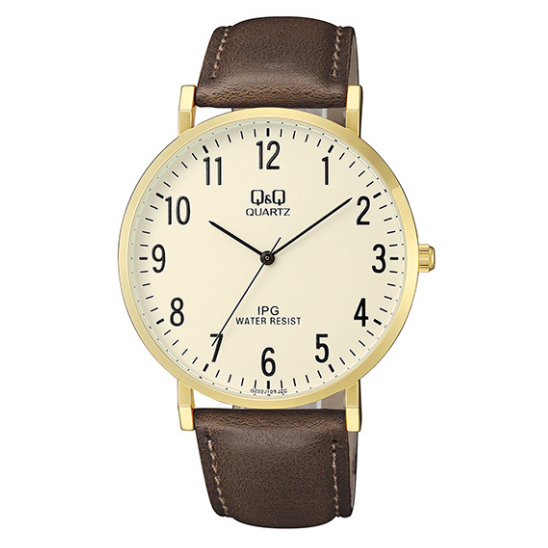 Q&Q watch has a gold case with a brown leather strap and round face