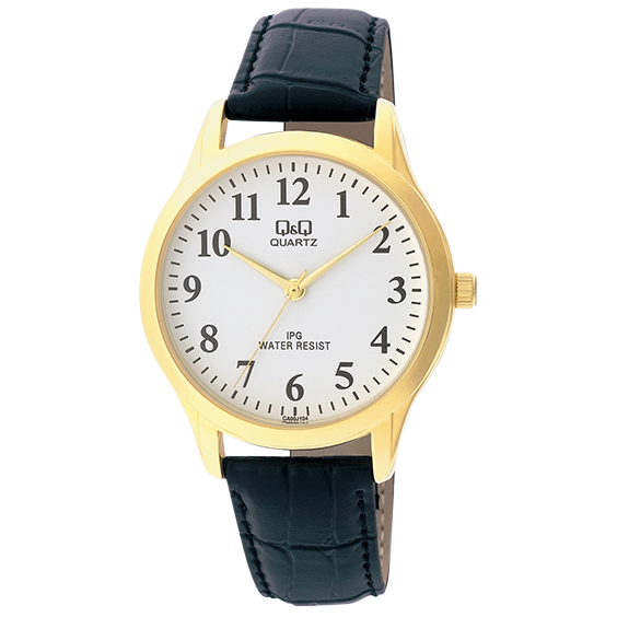 GENTS GOLD PLATED, WHITE FACE, BLK STRAP WATCH