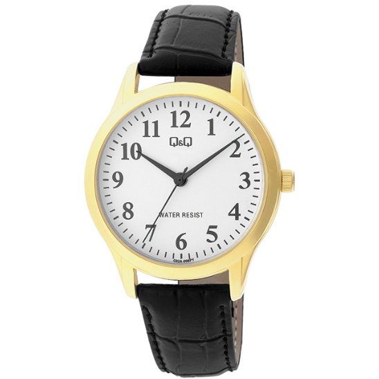 GENTS GOLD PLATED, WHITE FACE, BLACK STRAP WATCH