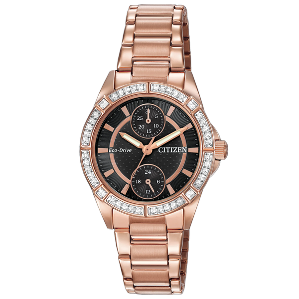 CITIZEN BLACK dial ROSE GOLD bracelet stones WATCH