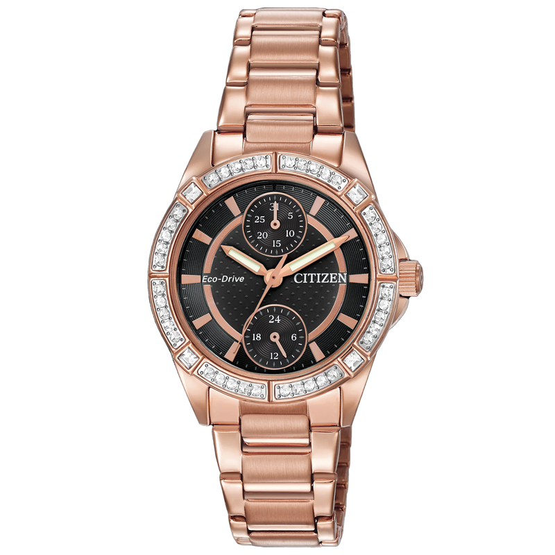 CITIZEN BLACK dial ROSE GOLD bracelet stones WATCH