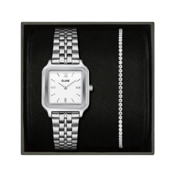CLUSE Gift Box White Silver Gracieuse Watch & Élevé Tennis Bracelet