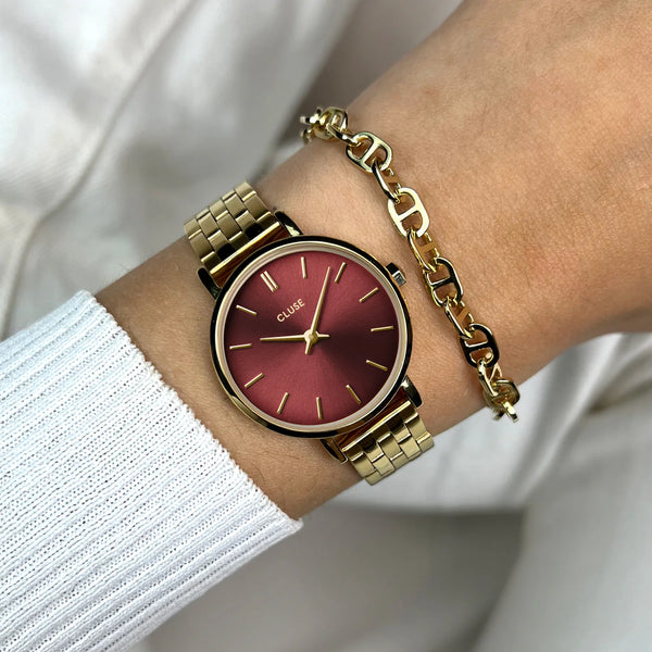 CLUSE Dark Cherry Boho Chic Petite Gold Watch