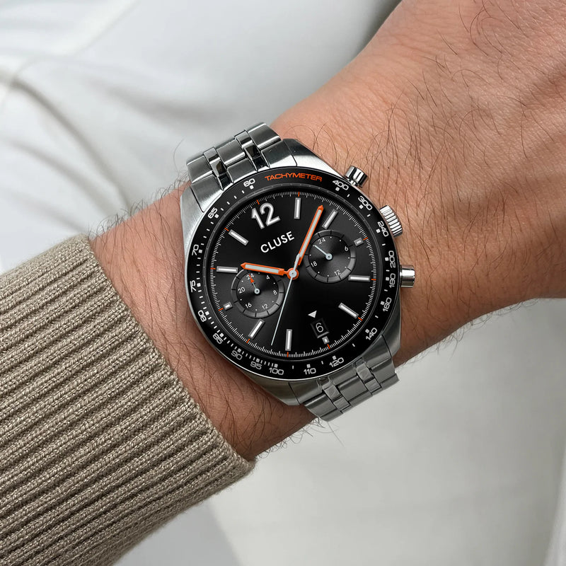 CLUSE Black Steel Aravis Dual Timer Watch