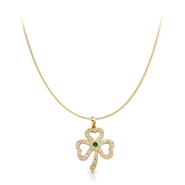 9 carat yellow gold cz cubic zirconia white and green stones shamrock pendant curb chain necklace