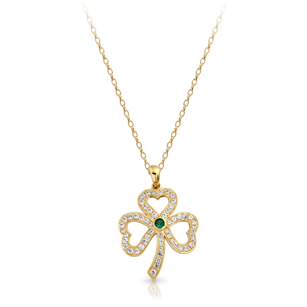 Claddagh 9K Gold CZ Celtic Shamrock Pendant studded Round Belcher Chain Necklace