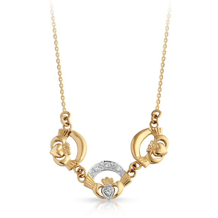 Claddagh 9K Gold CZ Claddagh Necklace in Pave stone setting