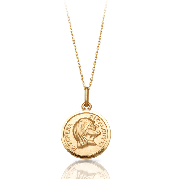 Claddagh 9K Gold Mother Teresa Medal Round Belcher Chain Necklace