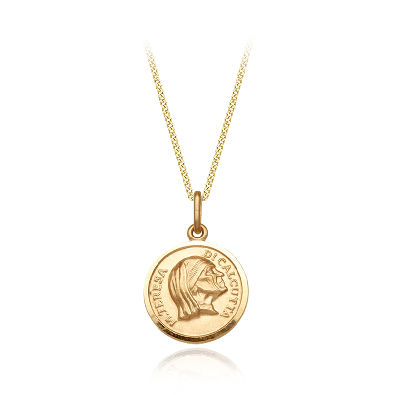 9 carat yellow gold mother tereza medal pendant and belcher chain necklace