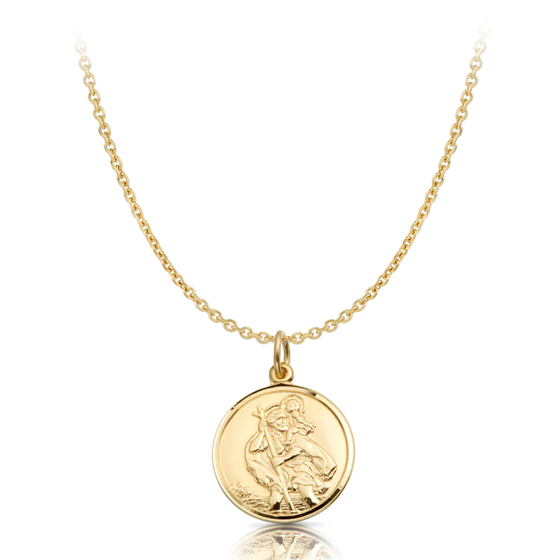 9 carat yellow gold st christopher medal pendant with belcher chain necklace