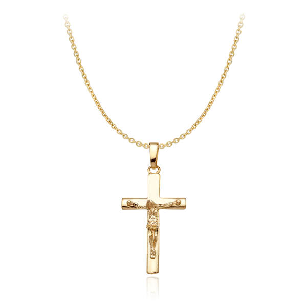 9 carat yellow gold cross crucifixion pendant and round bercher chain necklace