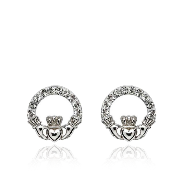 Claddagh Sterling Silver White Crystal Stud Earrings