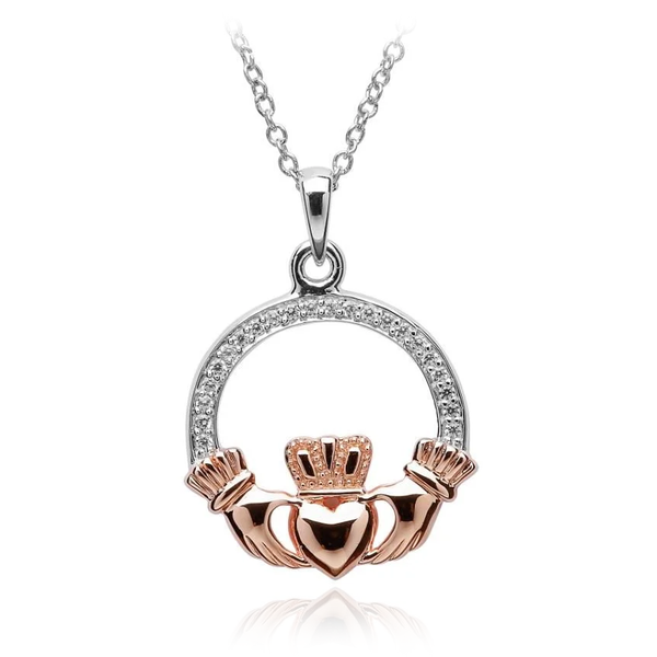 two tone cterling silver rose gold claddagh cz cubic zirconia stones pendant necklace