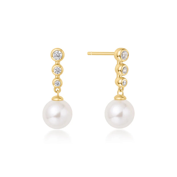 Ania Haie "Gold Tennis Beaded CZ Pearl Drop Stud" Earrings