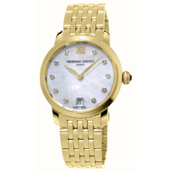 Frederique Constant Slimline yellow Gold bracelet mother of pearl dial cz diamond stones Ladies Watch