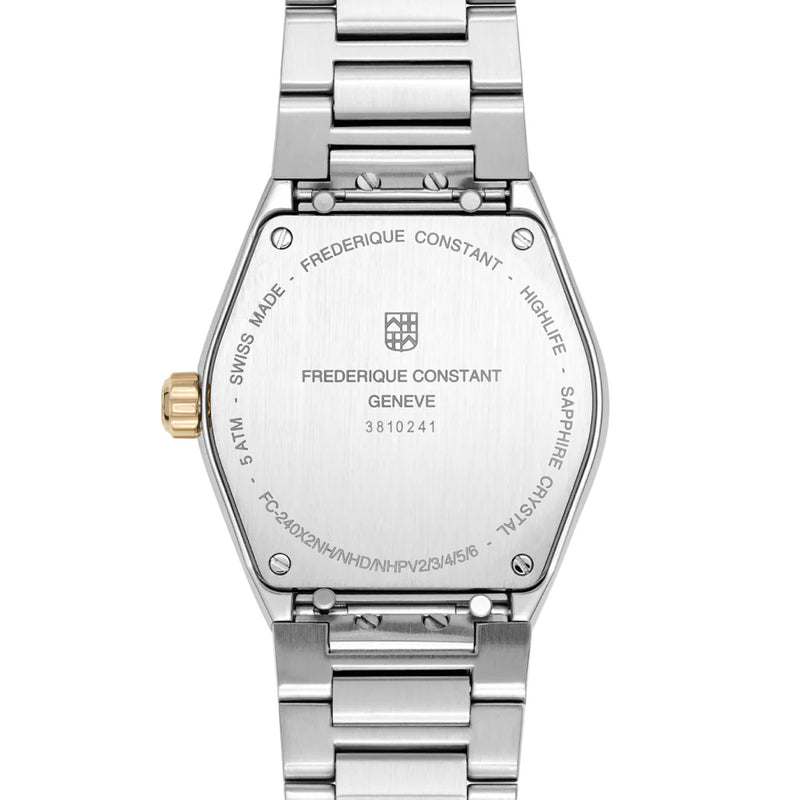 FREDERIQUE CONSTANT QUARTZ WHITE DIAL Ladies steel rose fold bracelet motehr of pearl cz diamond stones WATCH Set