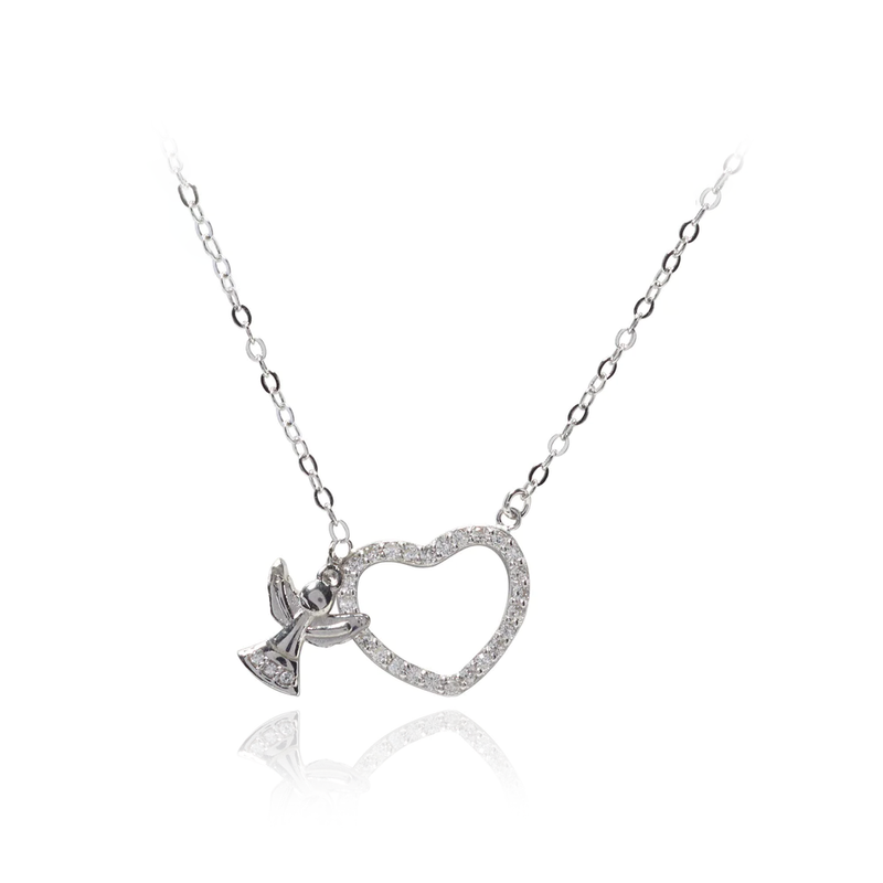 First Communion CZ Heart Angel Charm Necklace