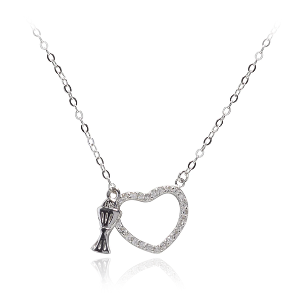 First Communion CZ Heart Necklace & Chalice Charm