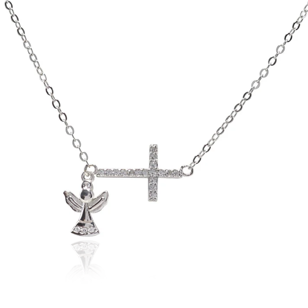 First Communion Sterling Silver CZ Cross & Angel Necklace