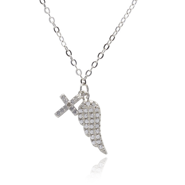 First Communion Sterling Silver CZ Cross & Wing Necklace