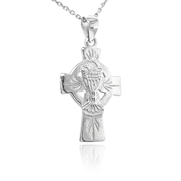 First Communion Sterling Silver Celtic Cross with Chalice Necklace