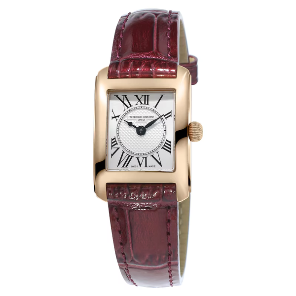 Frederique Constant CLASSICS CARREE Ladies red brown leather strap bracelet gold case white dial black numerals Watch